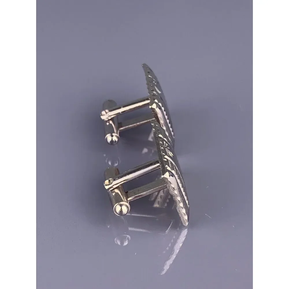 Decorative Fans Lines Cufflinks Silver Tone Stamped Art Deco Rectangle Vintage